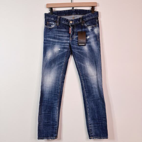 NWT Dsquared2 Jennifer Cropped Low Rise Jeans Distressed Blue Medium Wash Size 2 - Picture 1 of 11